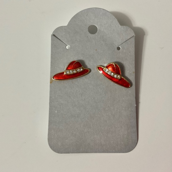 Enameled Red Hat Earrings With Rhinestones - Picture 1 of 6